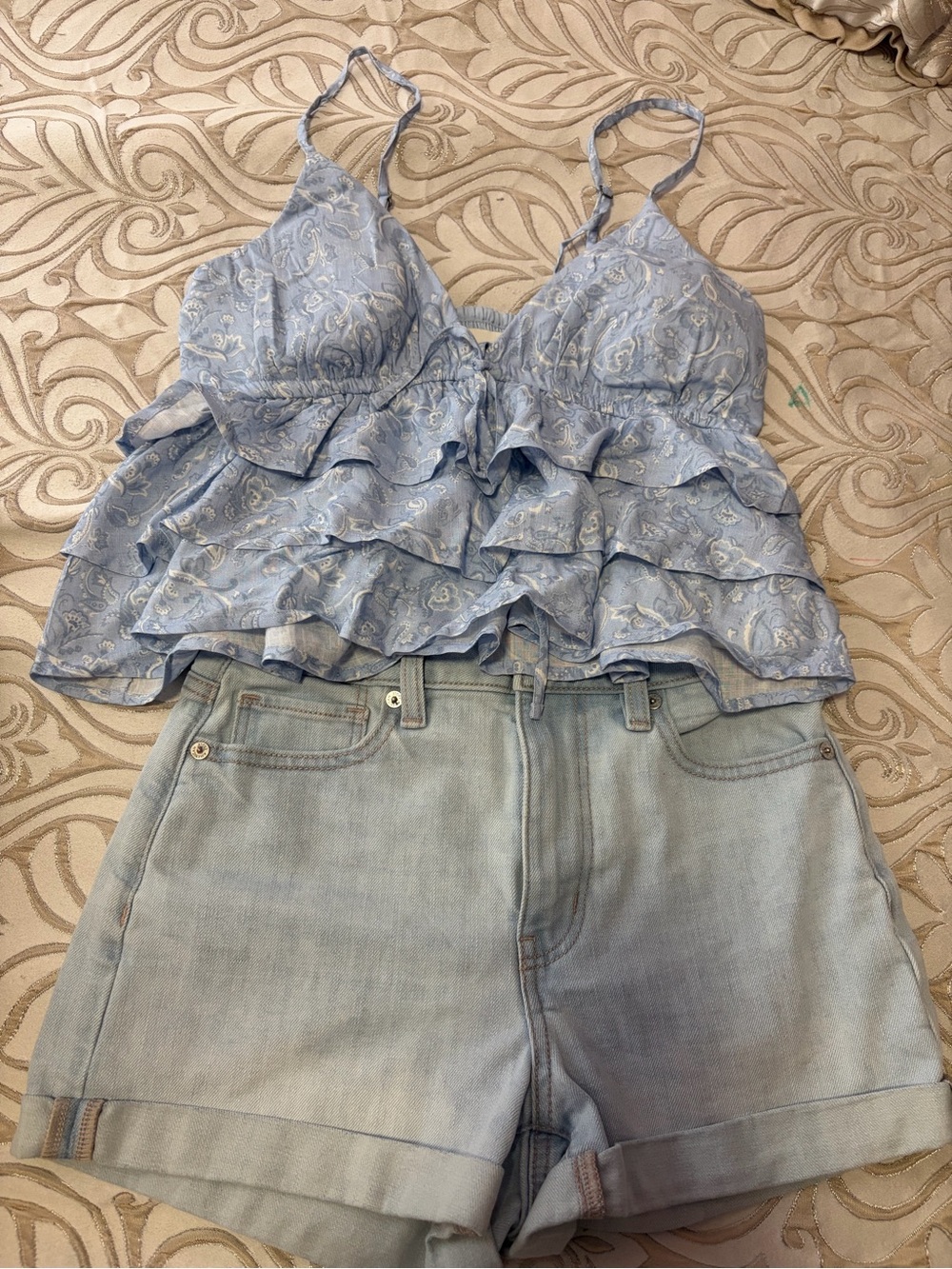 American Eagle Outfitters Light Blue Ruffled Paisley Camisole